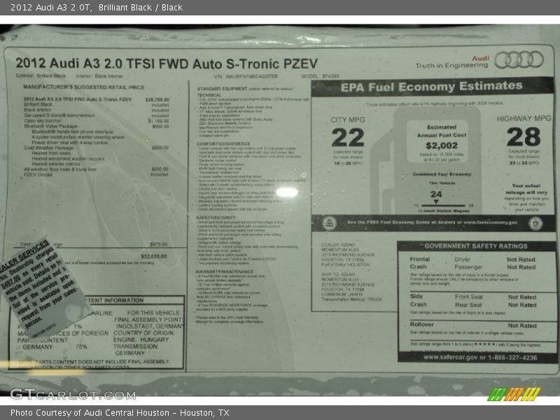  2012 A3 2.0T Window Sticker