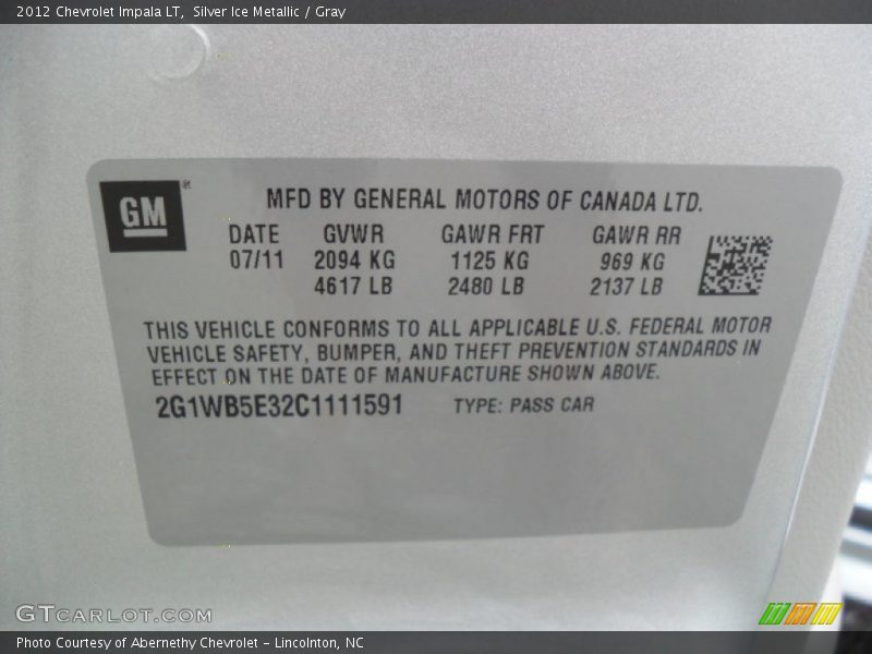 Silver Ice Metallic / Gray 2012 Chevrolet Impala LT