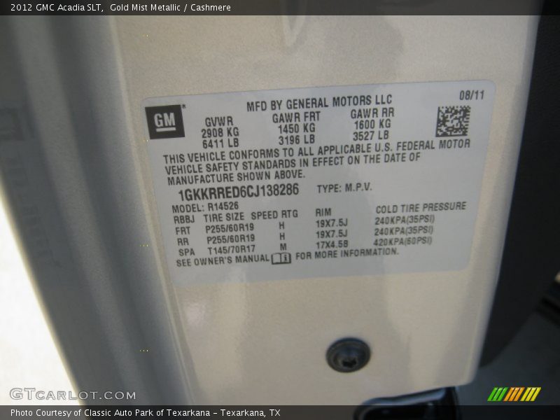 Gold Mist Metallic / Cashmere 2012 GMC Acadia SLT