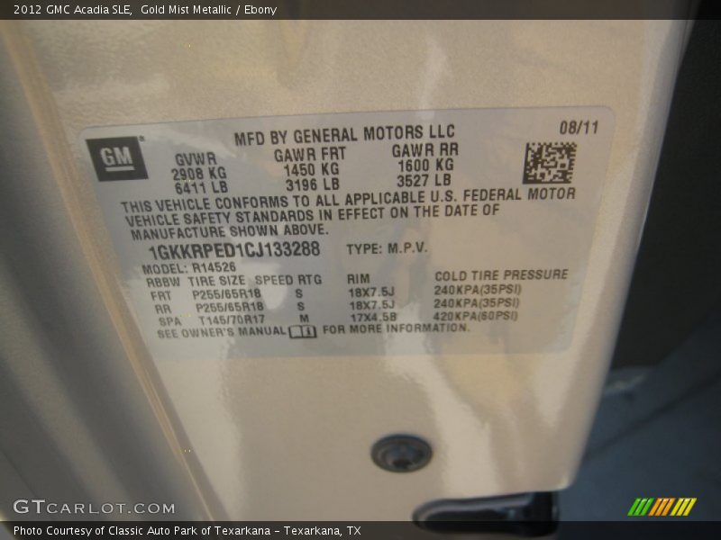 Gold Mist Metallic / Ebony 2012 GMC Acadia SLE