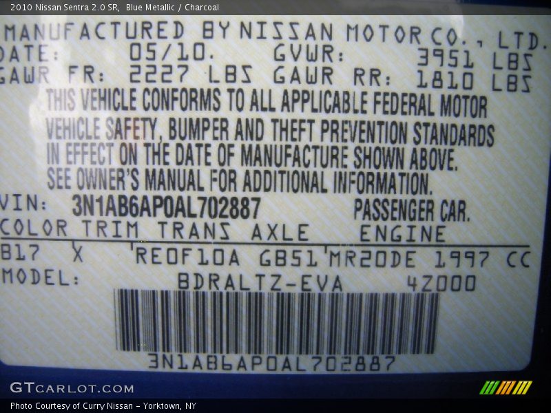 Blue Metallic / Charcoal 2010 Nissan Sentra 2.0 SR