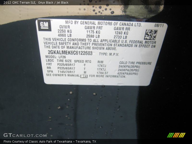 Onyx Black / Jet Black 2012 GMC Terrain SLE