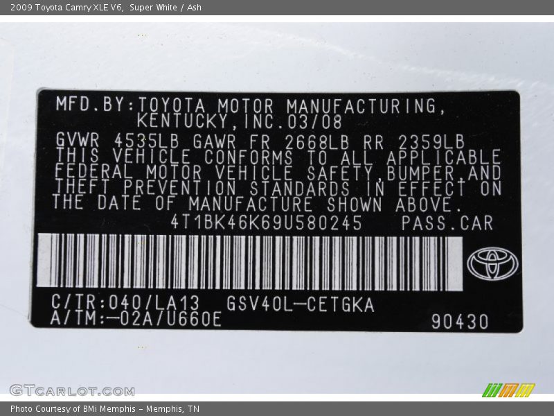 Super White / Ash 2009 Toyota Camry XLE V6
