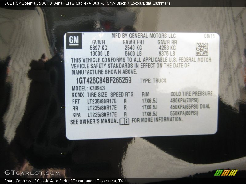 Onyx Black / Cocoa/Light Cashmere 2011 GMC Sierra 3500HD Denali Crew Cab 4x4 Dually