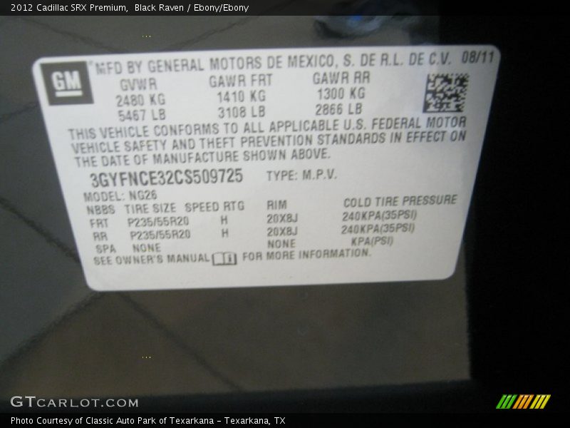 Black Raven / Ebony/Ebony 2012 Cadillac SRX Premium