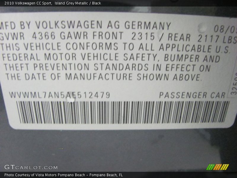 Island Grey Metallic / Black 2010 Volkswagen CC Sport