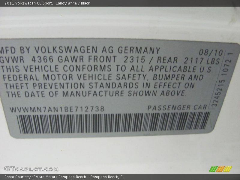 Candy White / Black 2011 Volkswagen CC Sport