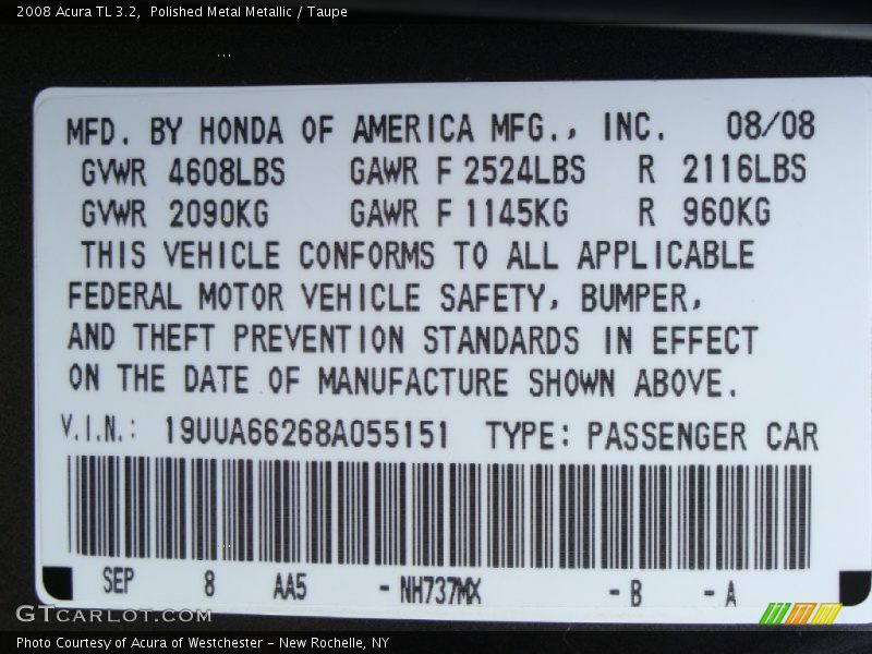 Polished Metal Metallic / Taupe 2008 Acura TL 3.2