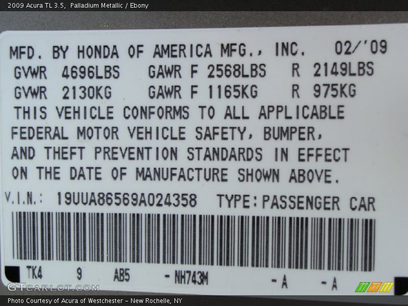 Palladium Metallic / Ebony 2009 Acura TL 3.5
