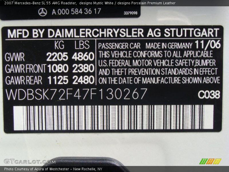 2007 SL 55 AMG Roadster designo Mystic White Color Code 038
