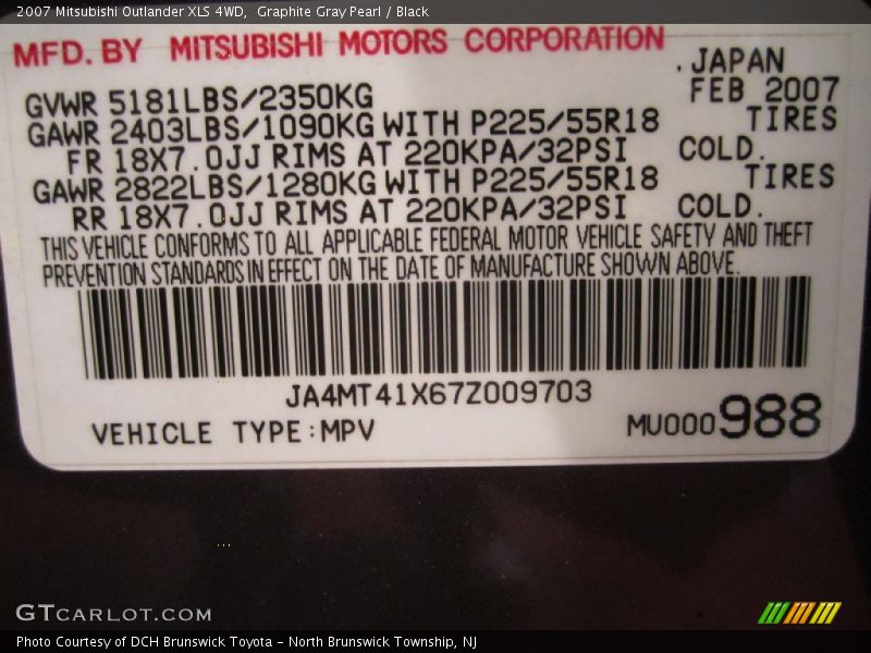 Graphite Gray Pearl / Black 2007 Mitsubishi Outlander XLS 4WD