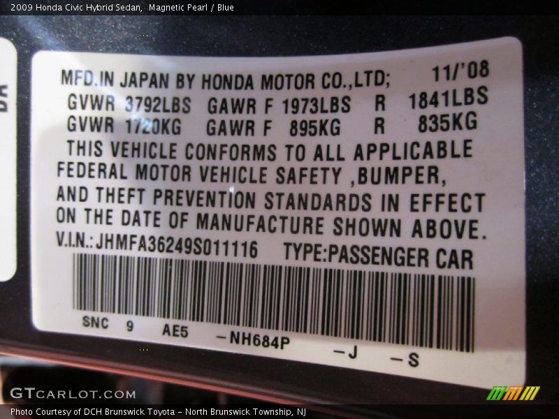 Magnetic Pearl / Blue 2009 Honda Civic Hybrid Sedan