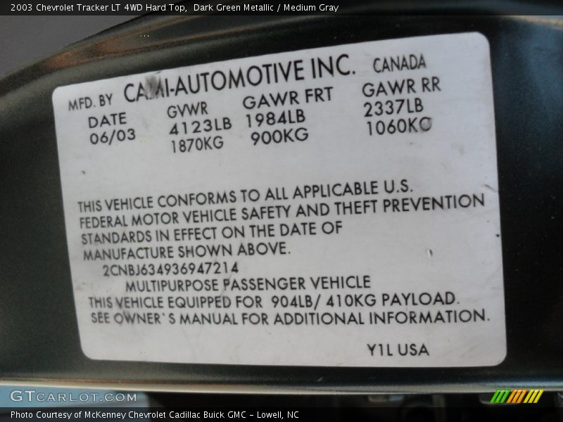 Dark Green Metallic / Medium Gray 2003 Chevrolet Tracker LT 4WD Hard Top
