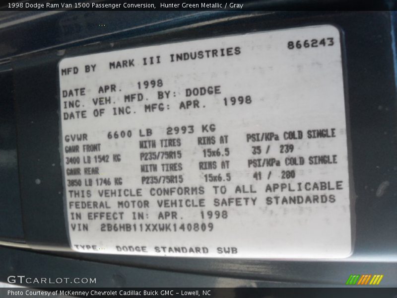 Info Tag of 1998 Ram Van 1500 Passenger Conversion