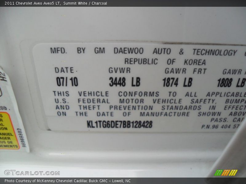 Info Tag of 2011 Aveo Aveo5 LT