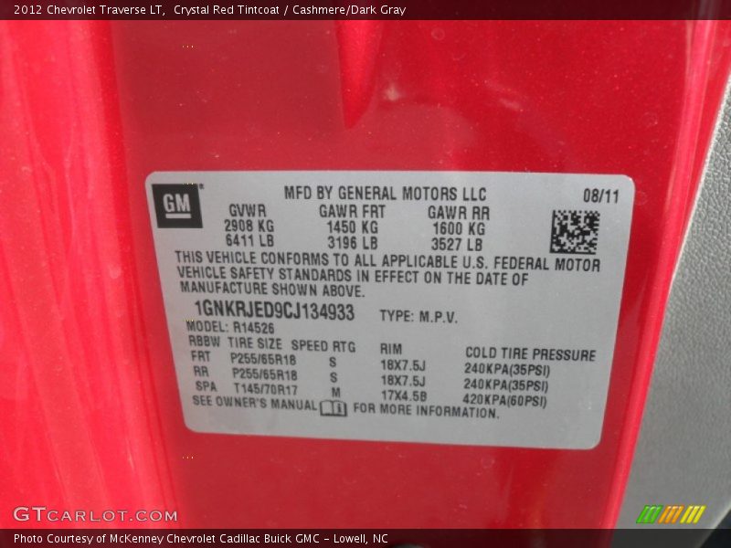 Crystal Red Tintcoat / Cashmere/Dark Gray 2012 Chevrolet Traverse LT
