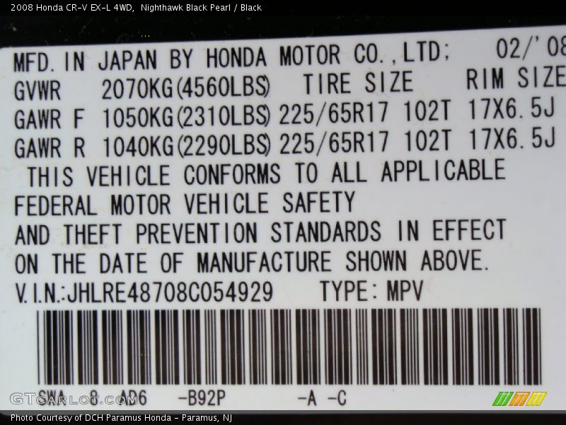 Nighthawk Black Pearl / Black 2008 Honda CR-V EX-L 4WD