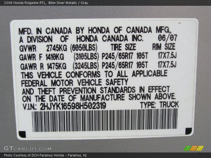 Billet Silver Metallic / Gray 2008 Honda Ridgeline RTL