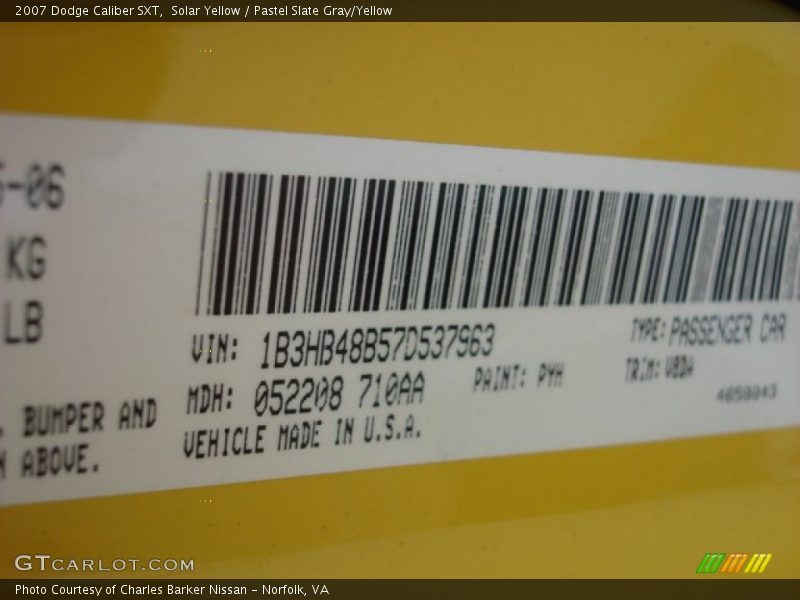 Solar Yellow / Pastel Slate Gray/Yellow 2007 Dodge Caliber SXT