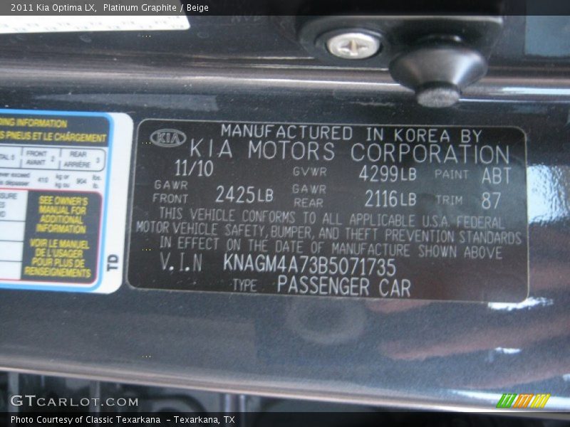 Platinum Graphite / Beige 2011 Kia Optima LX