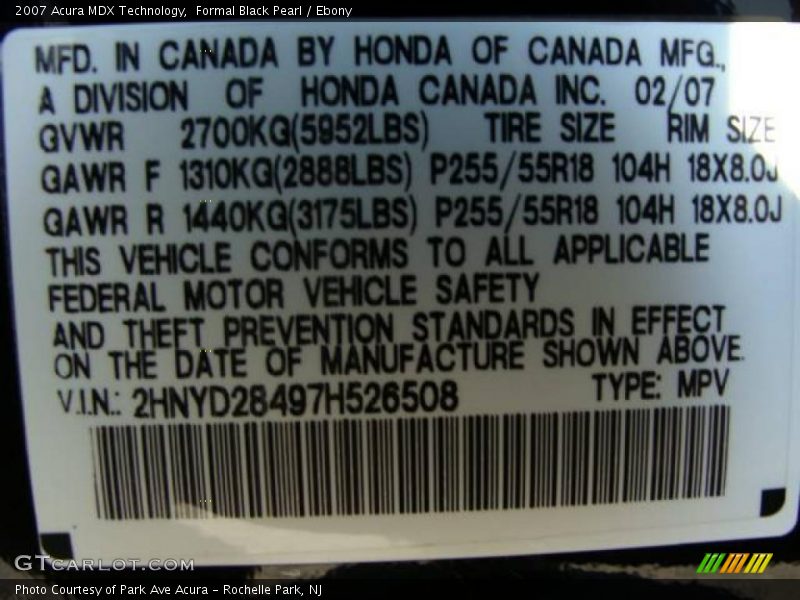 Formal Black Pearl / Ebony 2007 Acura MDX Technology