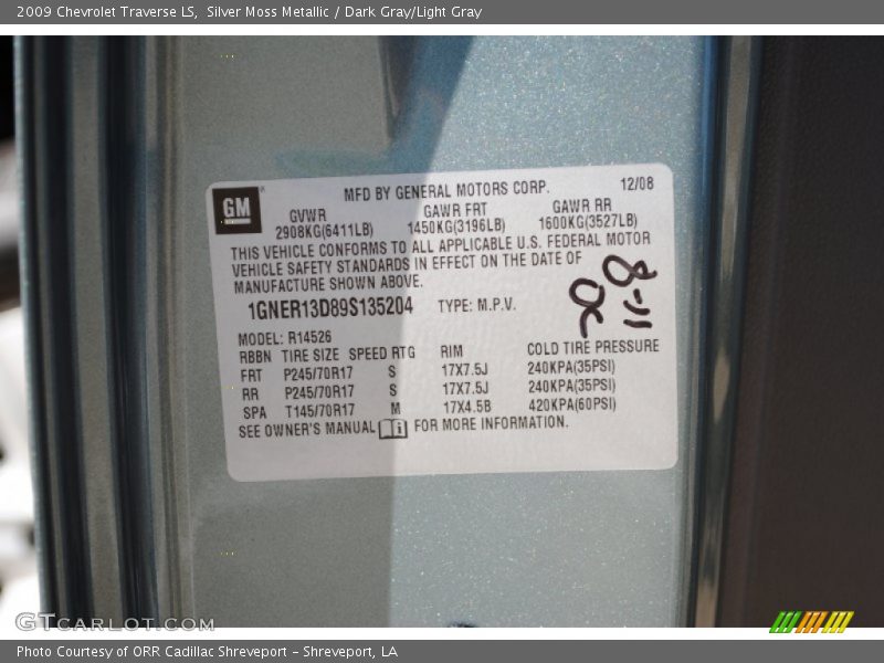 Silver Moss Metallic / Dark Gray/Light Gray 2009 Chevrolet Traverse LS
