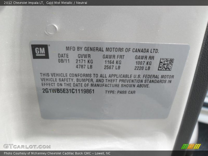 Gold Mist Metallic / Neutral 2012 Chevrolet Impala LT