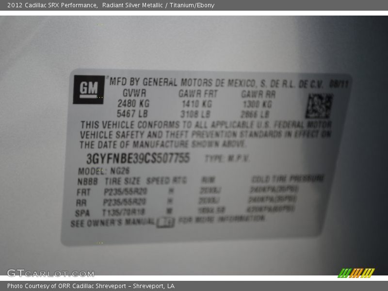 Radiant Silver Metallic / Titanium/Ebony 2012 Cadillac SRX Performance