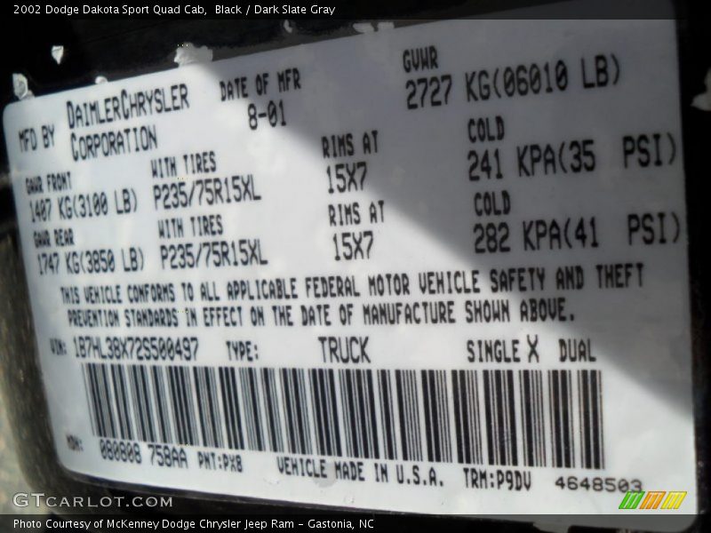 Black / Dark Slate Gray 2002 Dodge Dakota Sport Quad Cab