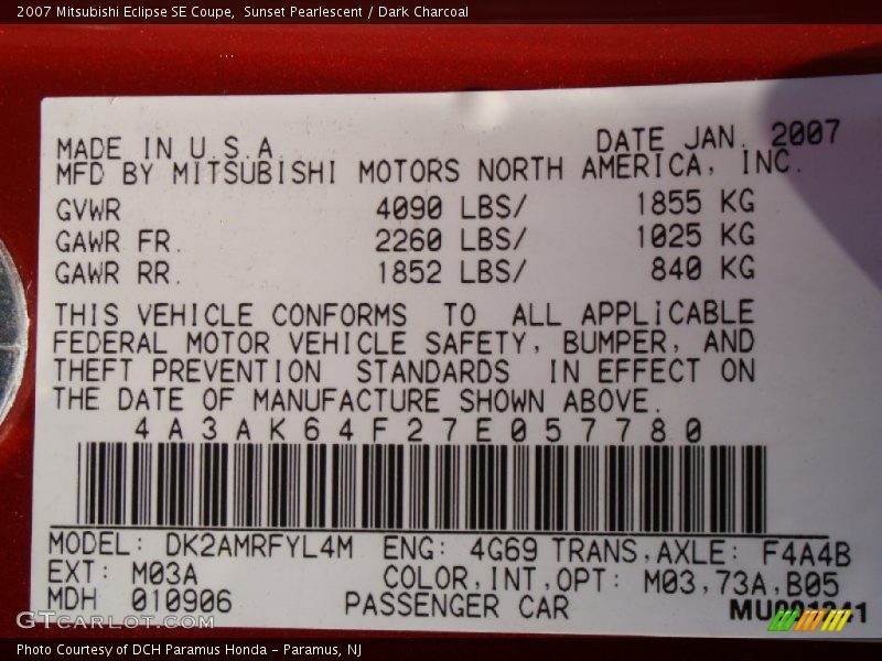 Sunset Pearlescent / Dark Charcoal 2007 Mitsubishi Eclipse SE Coupe