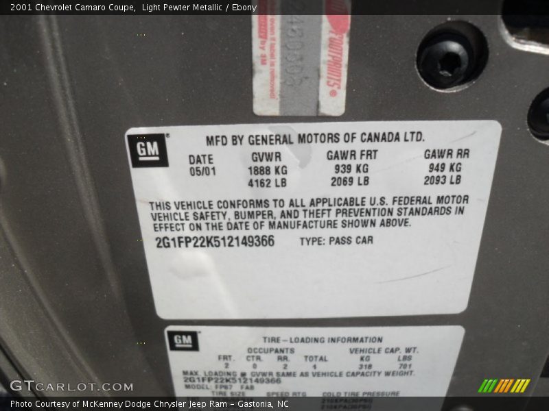 Info Tag of 2001 Camaro Coupe