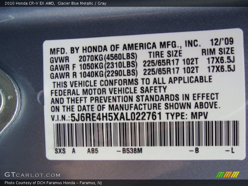 Glacier Blue Metallic / Gray 2010 Honda CR-V EX AWD