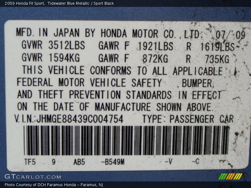 Tidewater Blue Metallic / Sport Black 2009 Honda Fit Sport