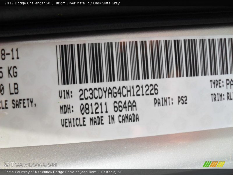 Bright Silver Metallic / Dark Slate Gray 2012 Dodge Challenger SXT