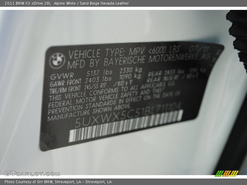 Alpine White / Sand Beige Nevada Leather 2011 BMW X3 xDrive 28i