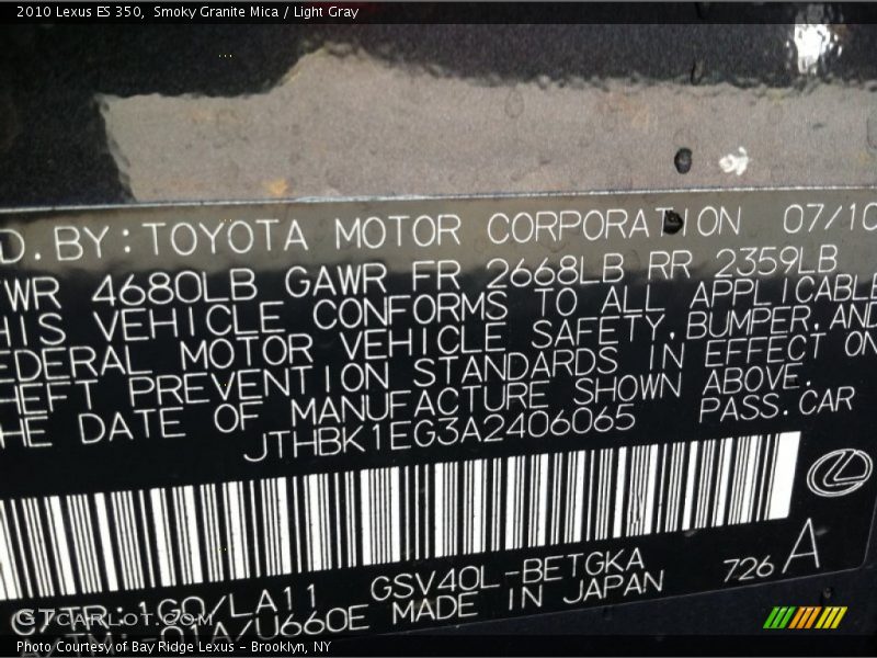 Smoky Granite Mica / Light Gray 2010 Lexus ES 350