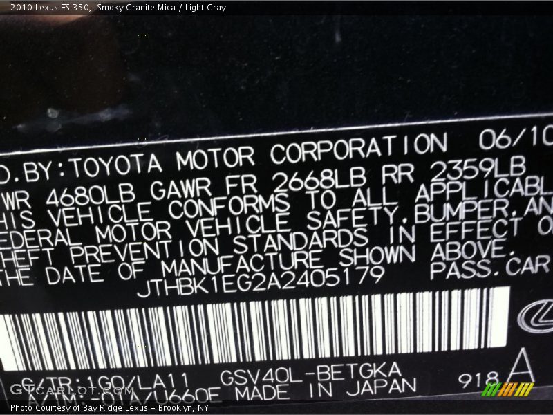 Smoky Granite Mica / Light Gray 2010 Lexus ES 350