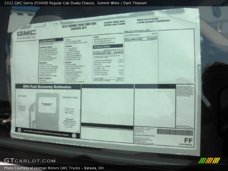  2012 Sierra 3500HD Regular Cab Dually Chassis Window Sticker