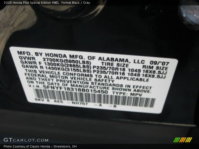 Formal Black / Gray 2008 Honda Pilot Special Edition 4WD