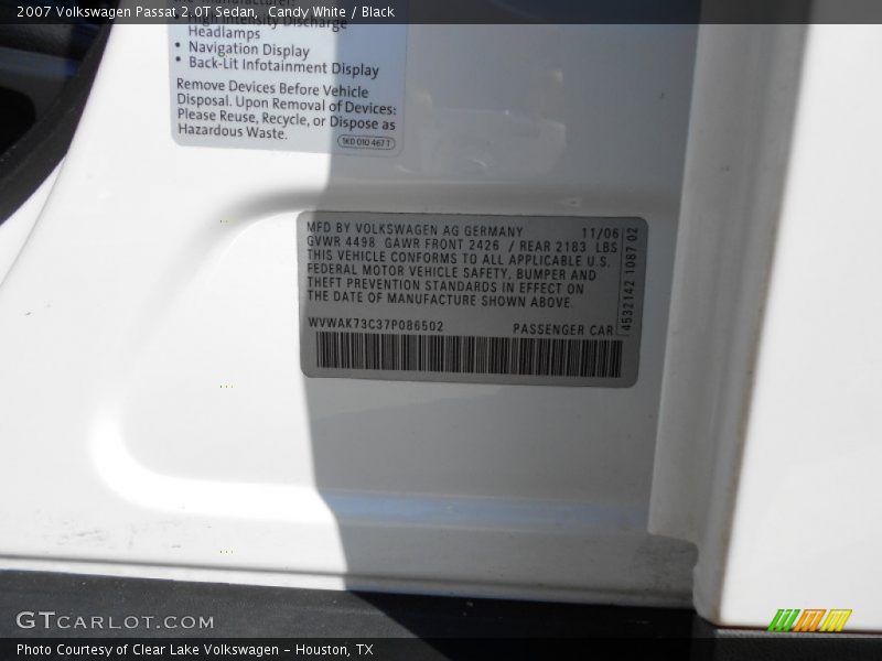Candy White / Black 2007 Volkswagen Passat 2.0T Sedan