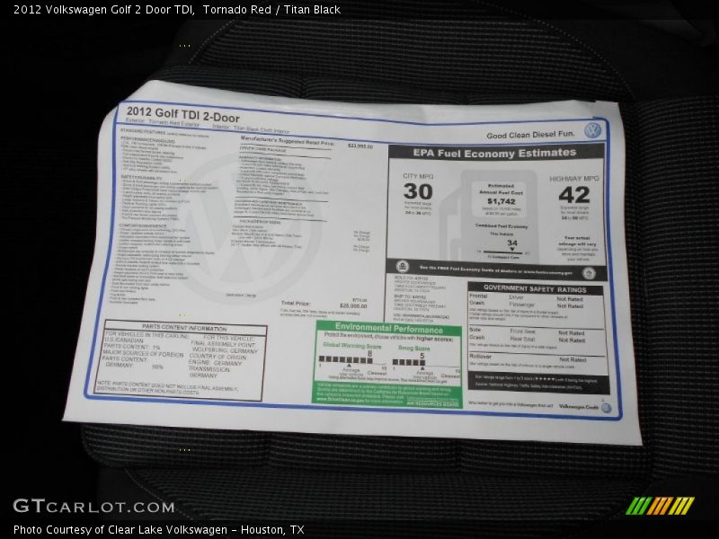  2012 Golf 2 Door TDI Window Sticker