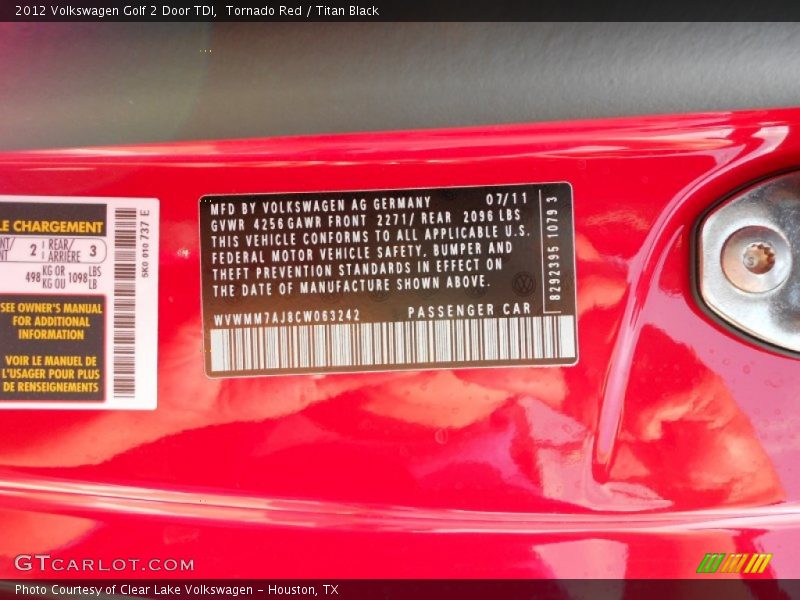 Tornado Red / Titan Black 2012 Volkswagen Golf 2 Door TDI