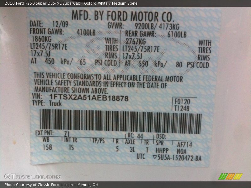 2010 F250 Super Duty XL SuperCab Oxford White Color Code Z1