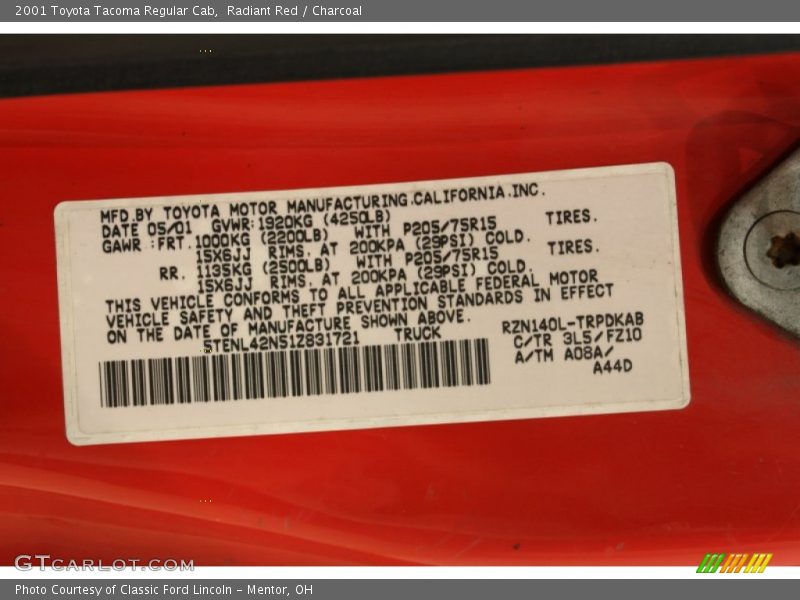 Radiant Red / Charcoal 2001 Toyota Tacoma Regular Cab