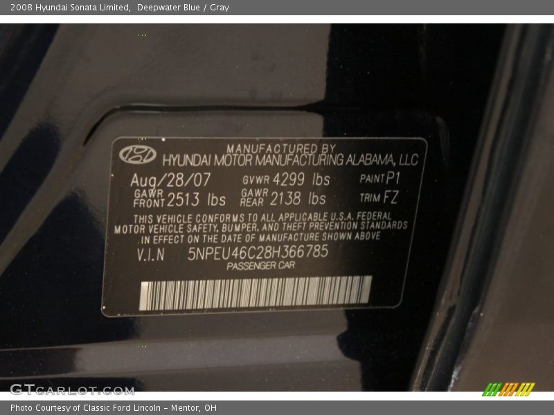 Deepwater Blue / Gray 2008 Hyundai Sonata Limited