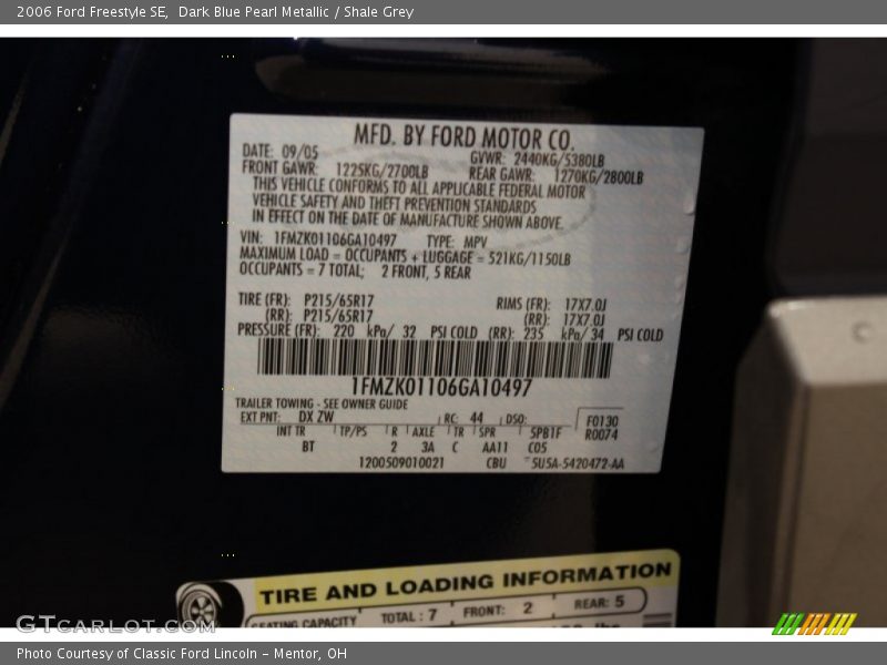 2006 Freestyle SE Dark Blue Pearl Metallic Color Code DX