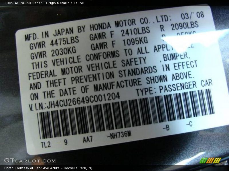 Grigio Metallic / Taupe 2009 Acura TSX Sedan
