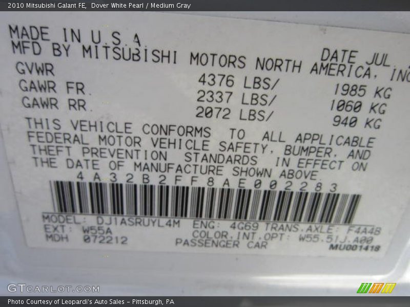 Dover White Pearl / Medium Gray 2010 Mitsubishi Galant FE