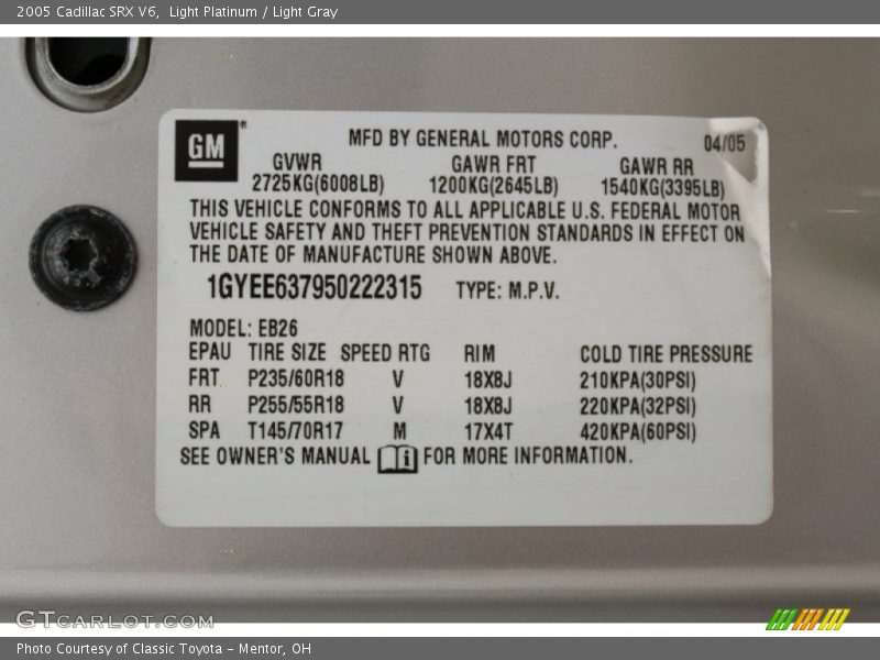 Light Platinum / Light Gray 2005 Cadillac SRX V6