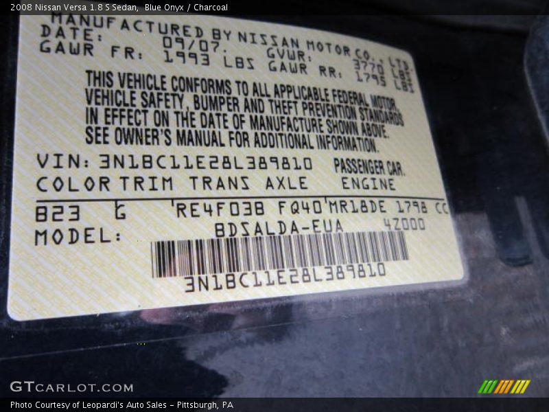 Blue Onyx / Charcoal 2008 Nissan Versa 1.8 S Sedan